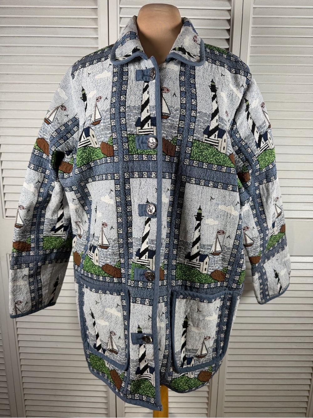 Vintage 90s Blair 2XL Lighthouse Tapestry Jacket Nautical Coastal Anchor